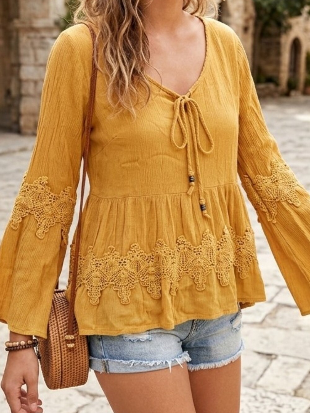 [[Altar'd State]] Mustard Lace-Trim Peasant Blouse